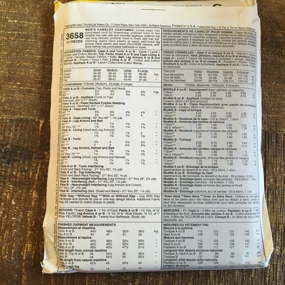 McCalls Sewing Pattern 3658 Mens King Arthur Knight Sir Lancelot L XL UNCUT - Picture 2 of 2